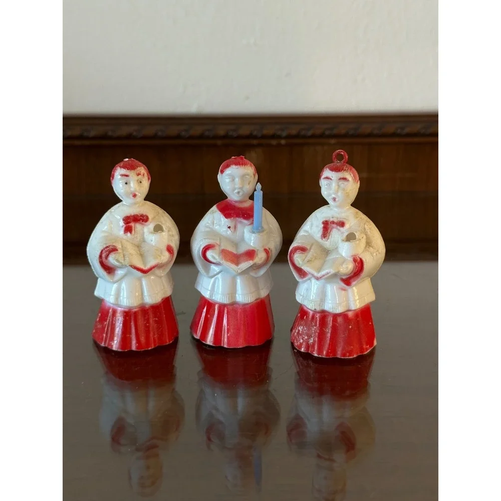 Xmas Ornaments 3 Choir Boys w/candles & hymn books 1950s ROSBRO Hard Plastic USA
